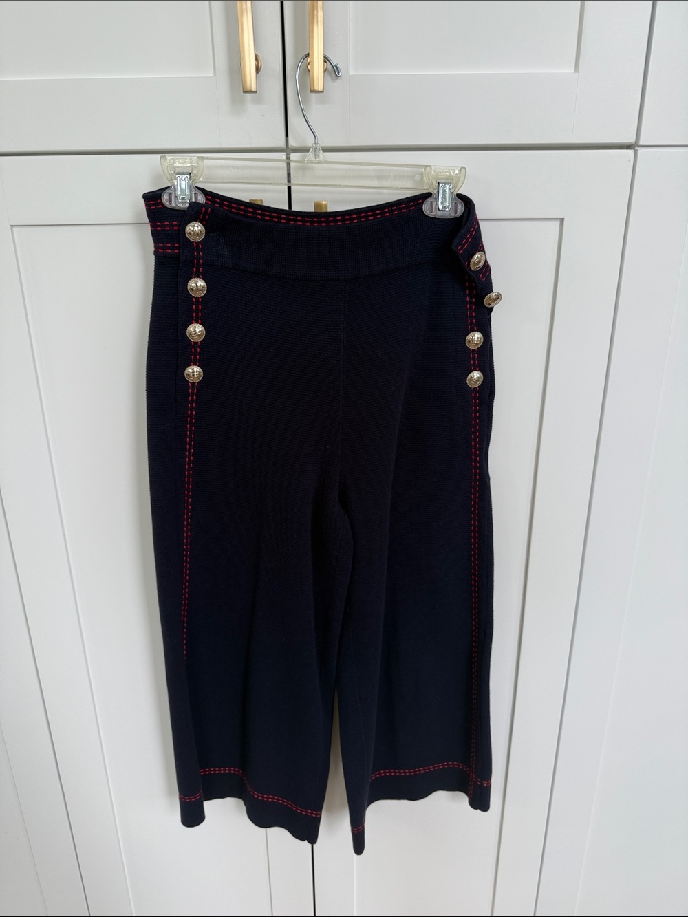 Maje Navy Wide-Leg Knit Pants with Red Stitching and Gold Buttons
